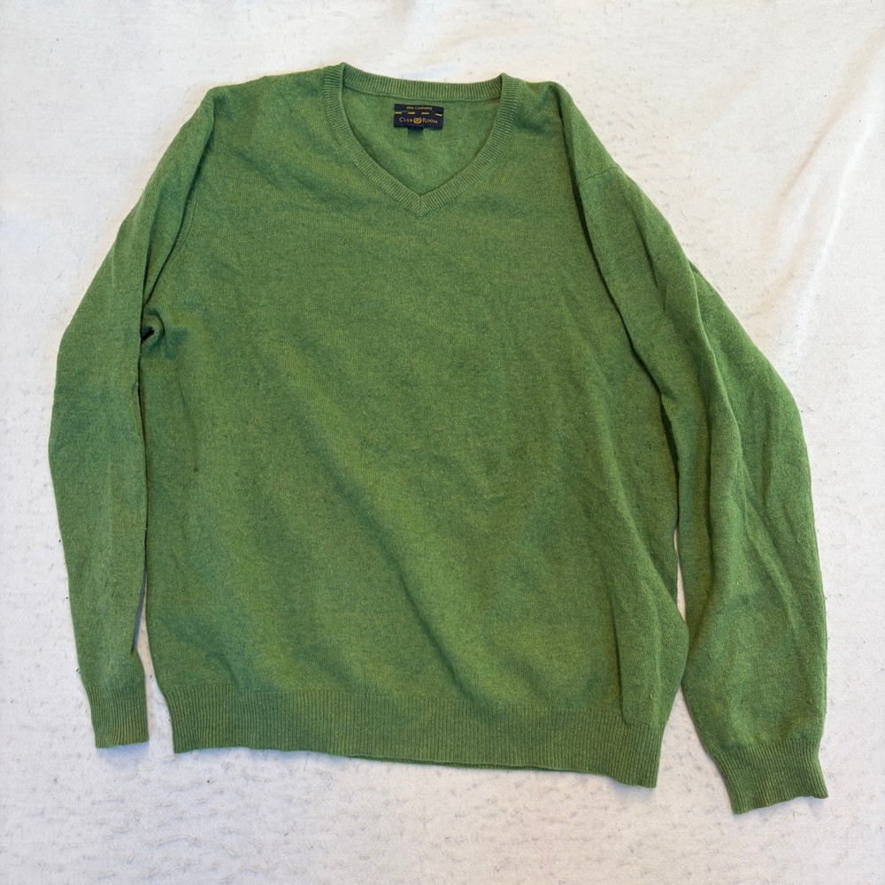 Club Room V-Neck Sweater Mens XL Green 100% Cashmere 2-Ply Long Sleeve